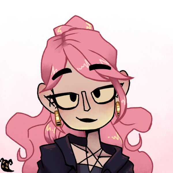 The illustrated avatar of Aurora Blackwood is a white woman with long pink wavy hair. She wears gold hoop earrings, a chunky black jacket, and a black top with crisscrossing straps. She wears a soft, almost lazy smile. The background is a soft gradient fro