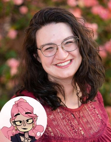 Holly Jaeger, a white woman with wavy brown hair and glasses, smiles at the camera. At the bottom left is the illustrated avatar of Aurora Blackwood.