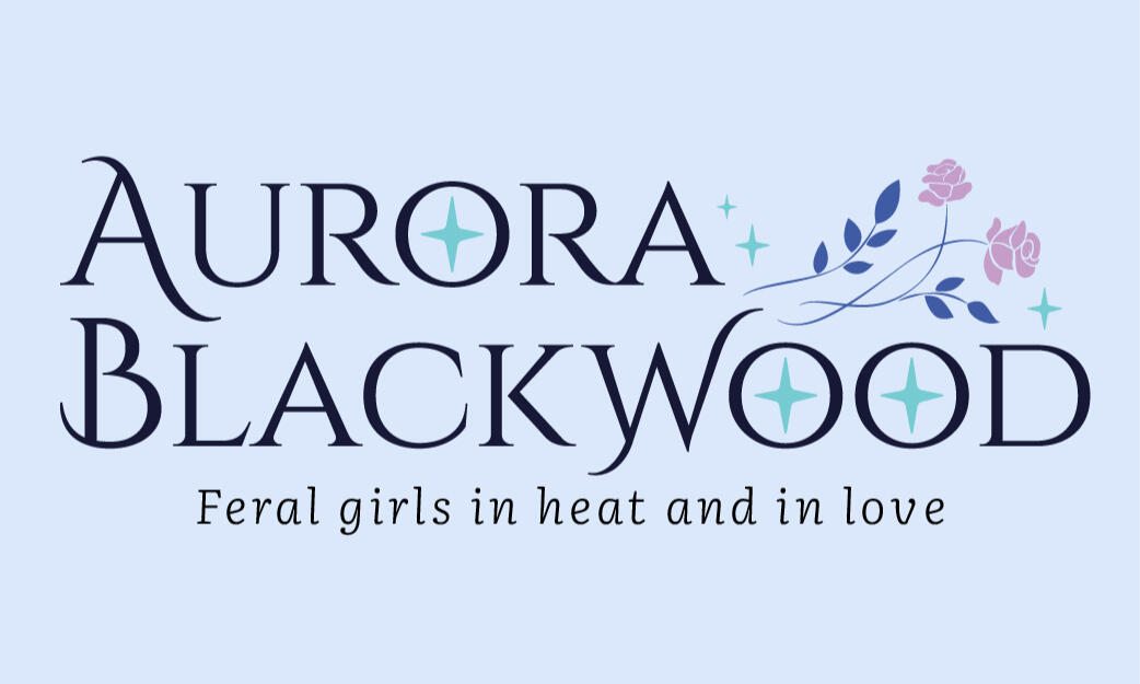 The branded image for "Aurora Blackwood: Feral girls in heat and in love" is a light blue background with charcoal-gray text, accented by light green sparkles and pink roses on darker-blue stems.