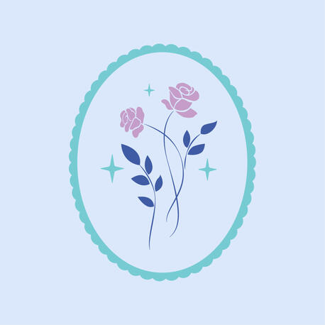 The icon for Aurora Blackwood's brand is a light blue background with pink roses on darker-blue stems, accented by light-green sparkles and surrounded by a scalloped light-green oval.